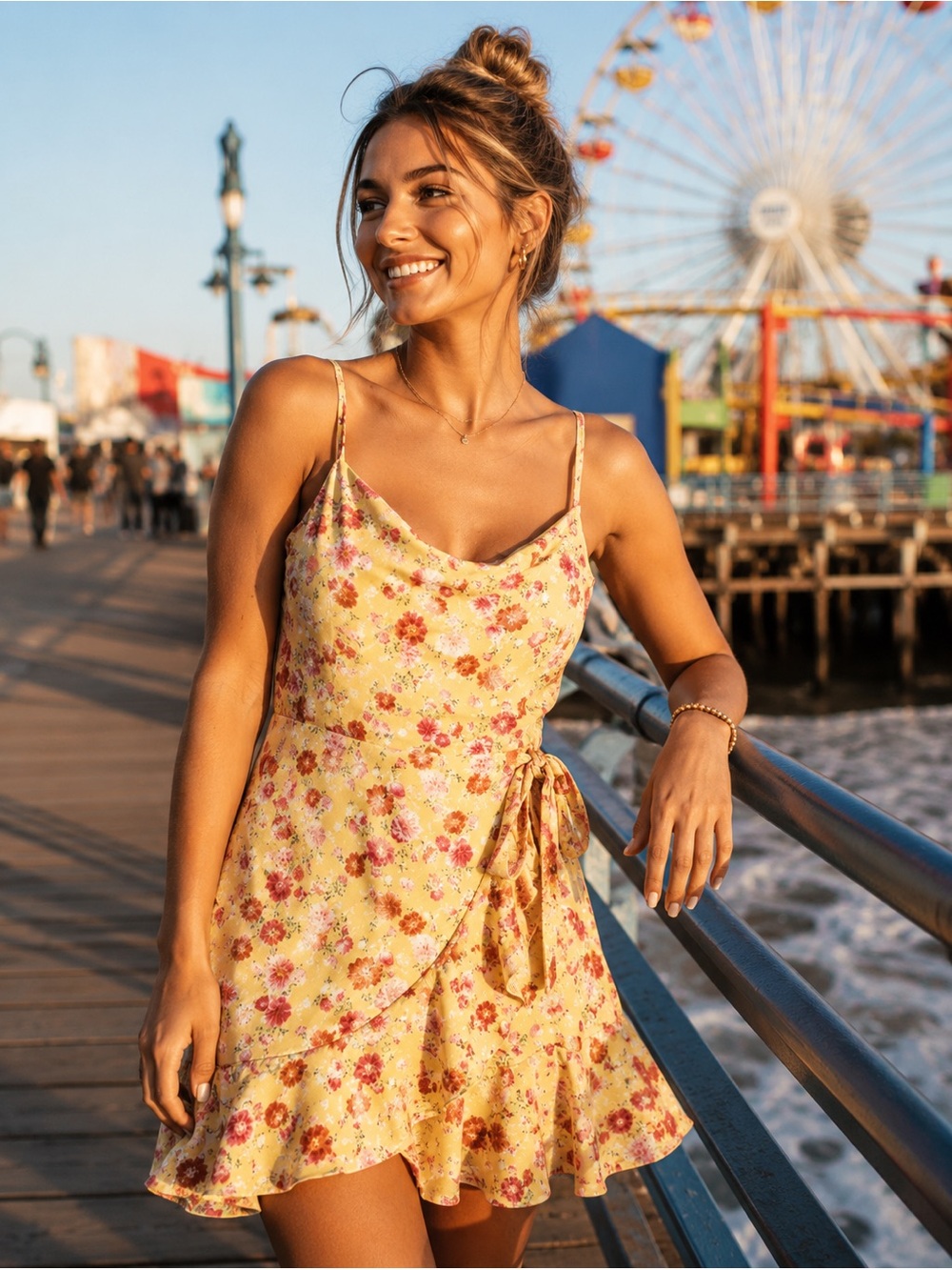 Altar’d State Floral Cottagecore Dress Lg Yellow Tie Waist Ruffle Hem Sundress